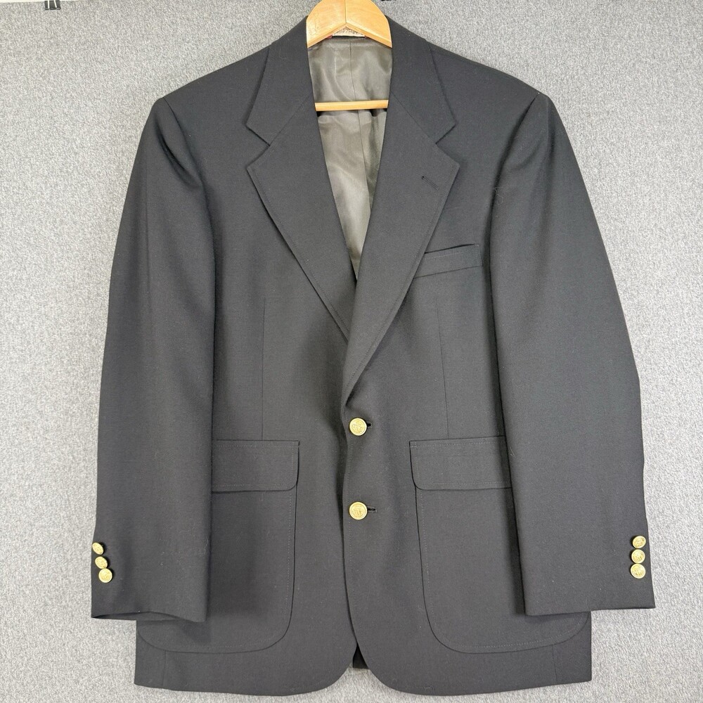 Botany 500 Mens L Navy Blue Blazer Gold Crest Buttons Made USA Sport Coat